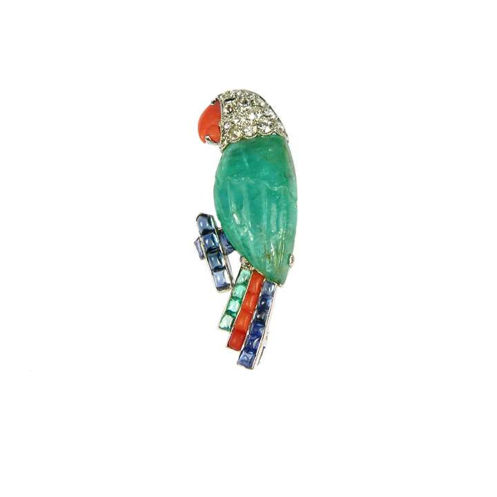Emerald, diamond and gem set parrot brooch